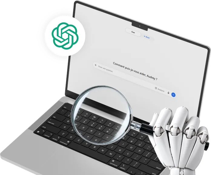 Robot hand holding a magnifying glass over a laptop open on ChatGPT