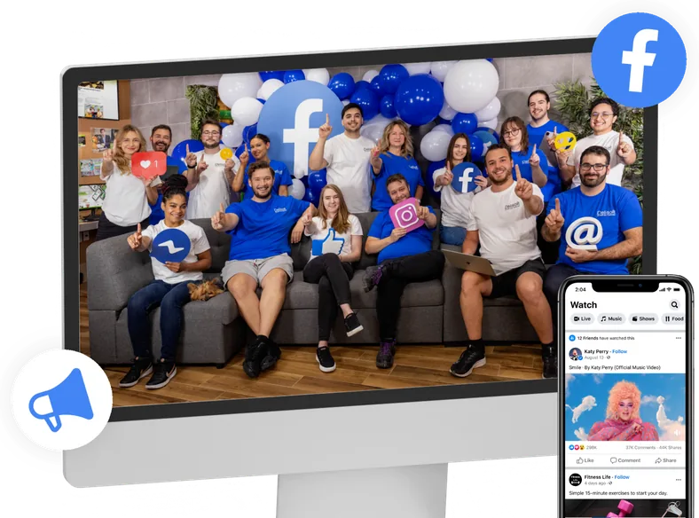 Delisoft’s team surrounded by Facebook balloons on a computer screen, with a phone and a megaphone