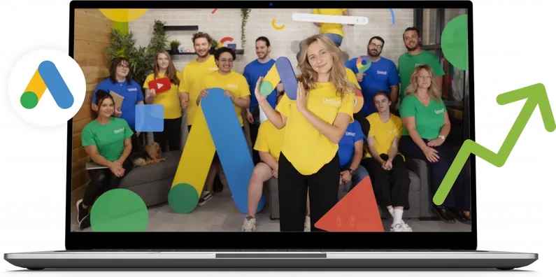 Delisoft’s team on a laptop screen, with the Google Ads logo and a growth arrow