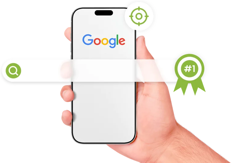 Hand holding a phone open on Google, with a search bar and a #1 ribbon